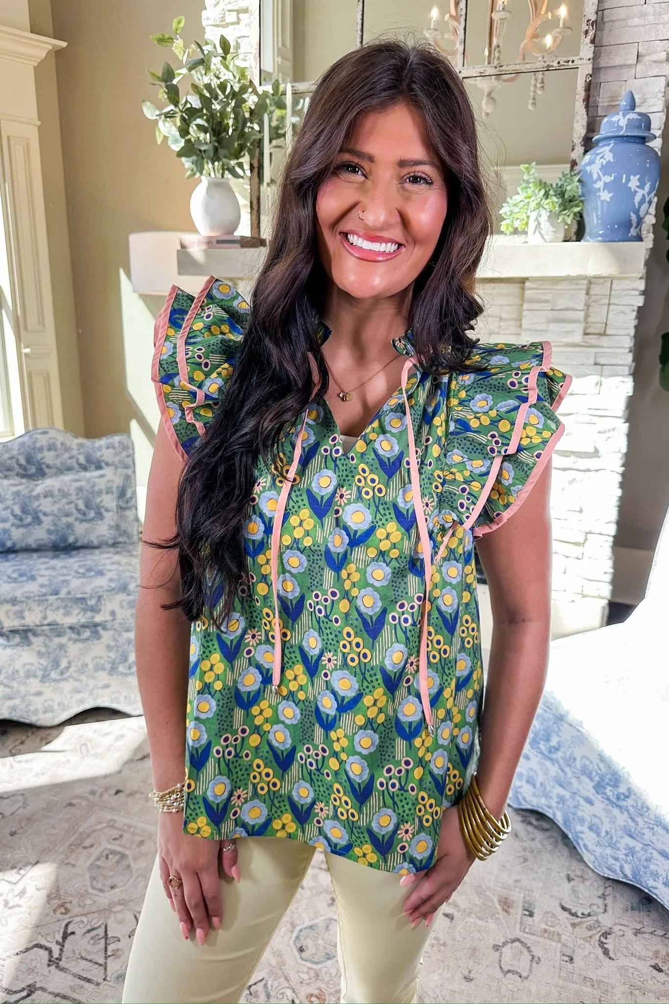 Pink Trim Tie Neck Double Ruffle Multi Color Floral Top