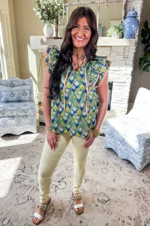 Pink Trim Tie Neck Double Ruffle Multi Color Floral Top