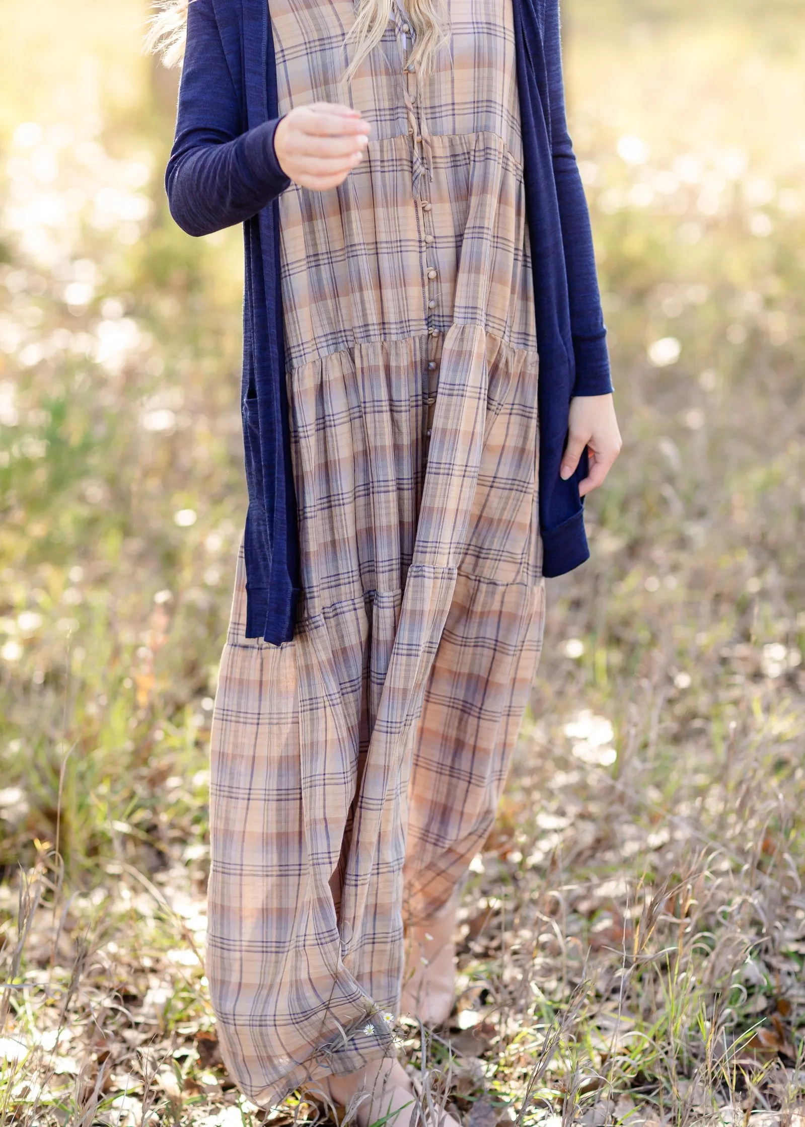Plaid Button Down Flutter Sleeve Tiered Maxi Dress - FINAL SALE
