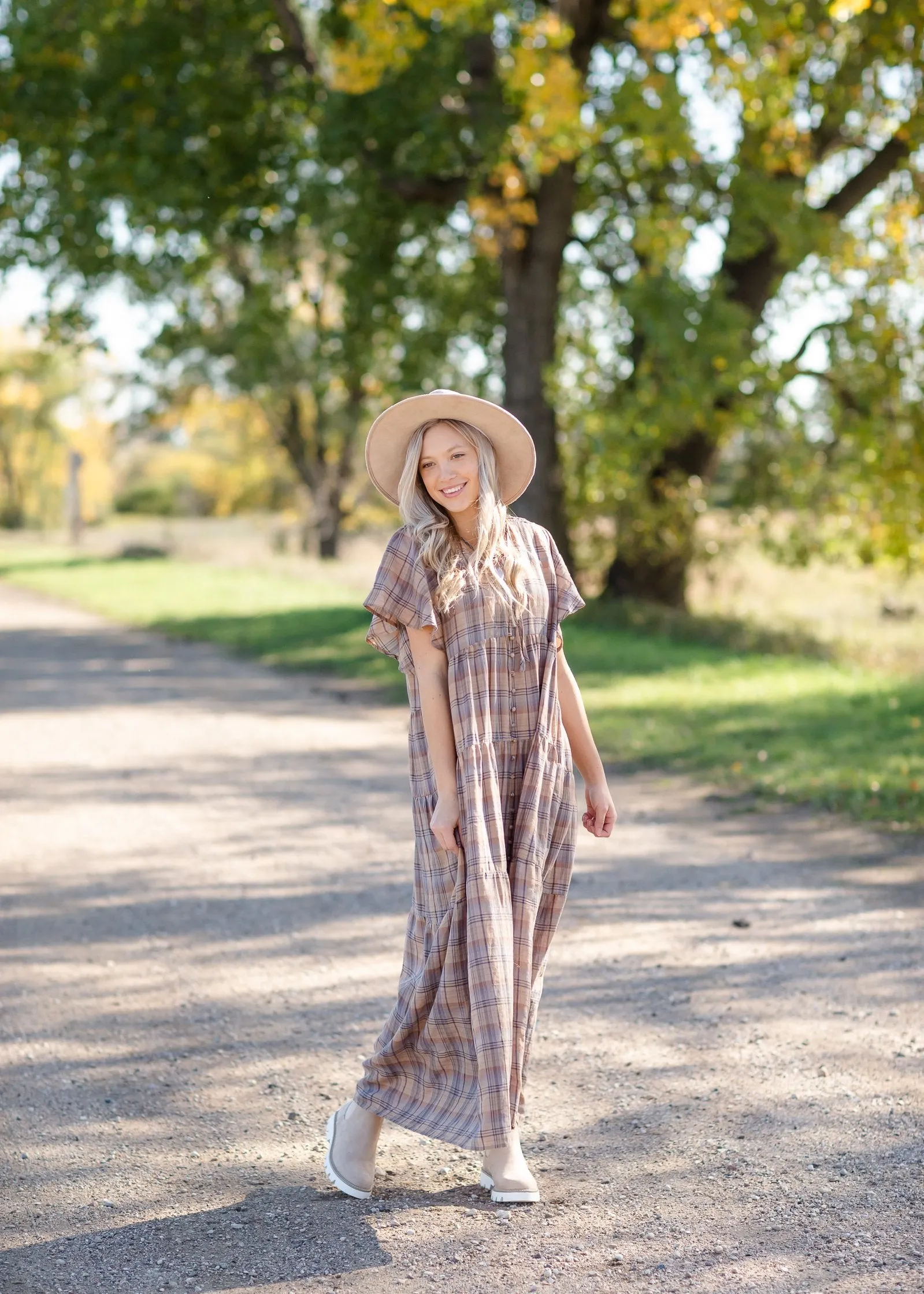 Plaid Button Down Flutter Sleeve Tiered Maxi Dress - FINAL SALE