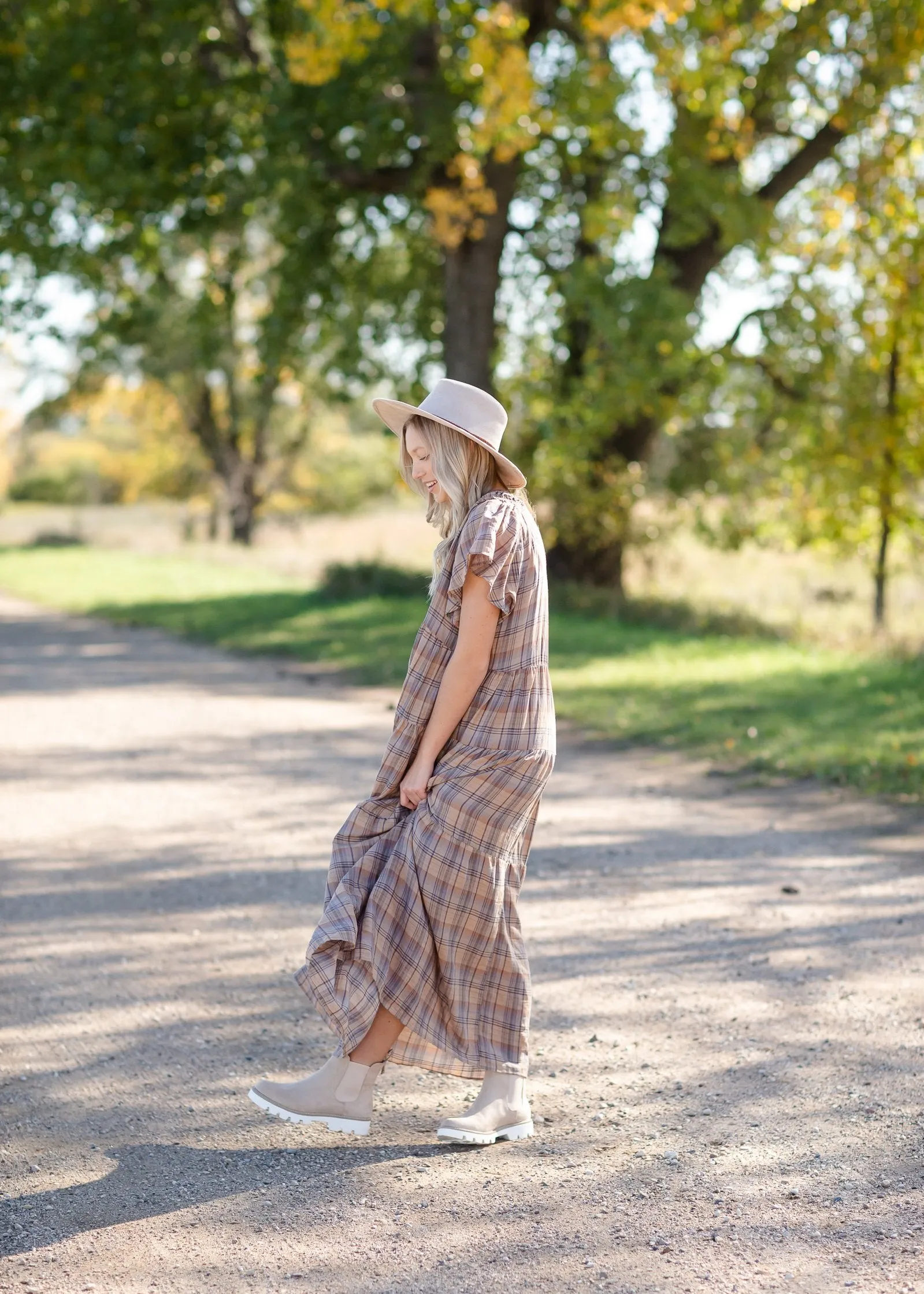 Plaid Button Down Flutter Sleeve Tiered Maxi Dress - FINAL SALE