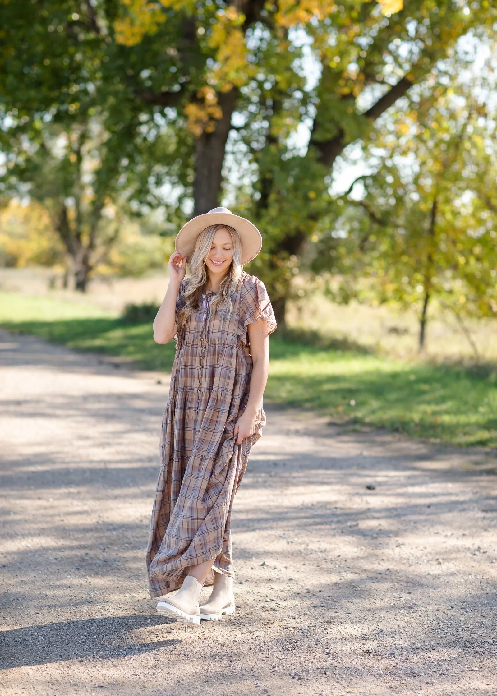 Plaid Button Down Flutter Sleeve Tiered Maxi Dress - FINAL SALE