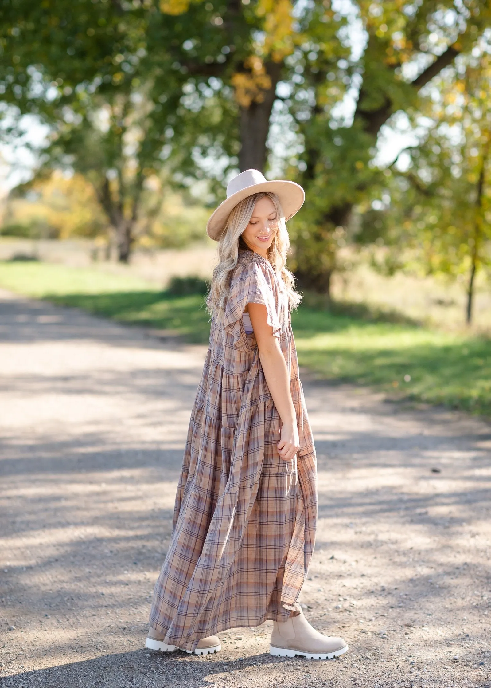 Plaid Button Down Flutter Sleeve Tiered Maxi Dress - FINAL SALE