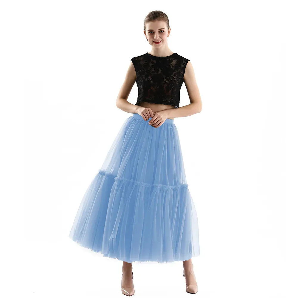 Pleated A-Line Tulle Maxi Skirt with Belt