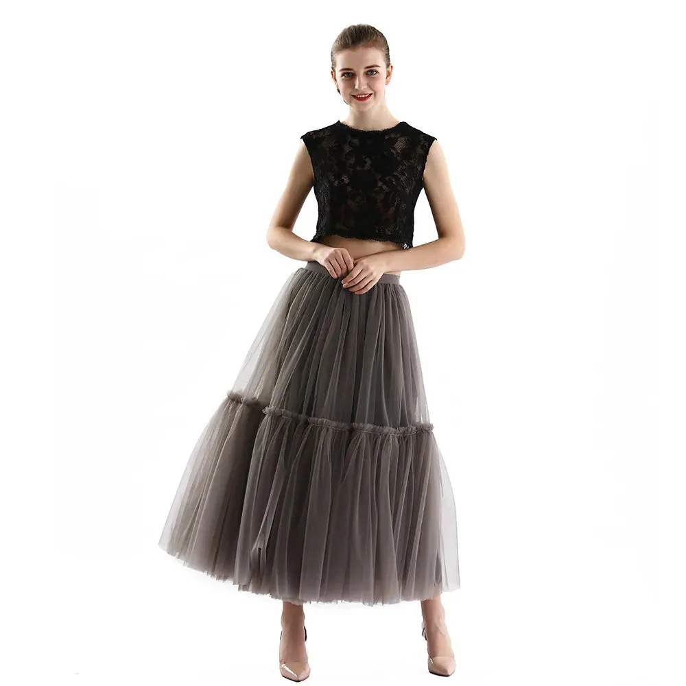 Pleated A-Line Tulle Maxi Skirt with Belt