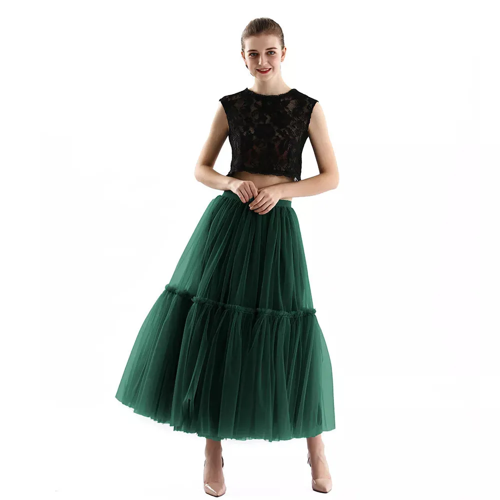 Pleated A-Line Tulle Maxi Skirt with Belt