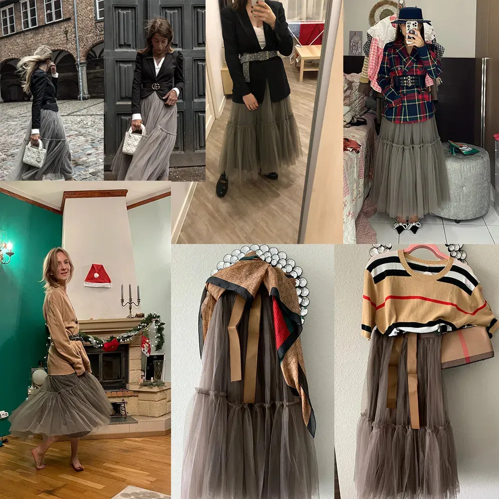 Pleated A-Line Tulle Maxi Skirt with Belt