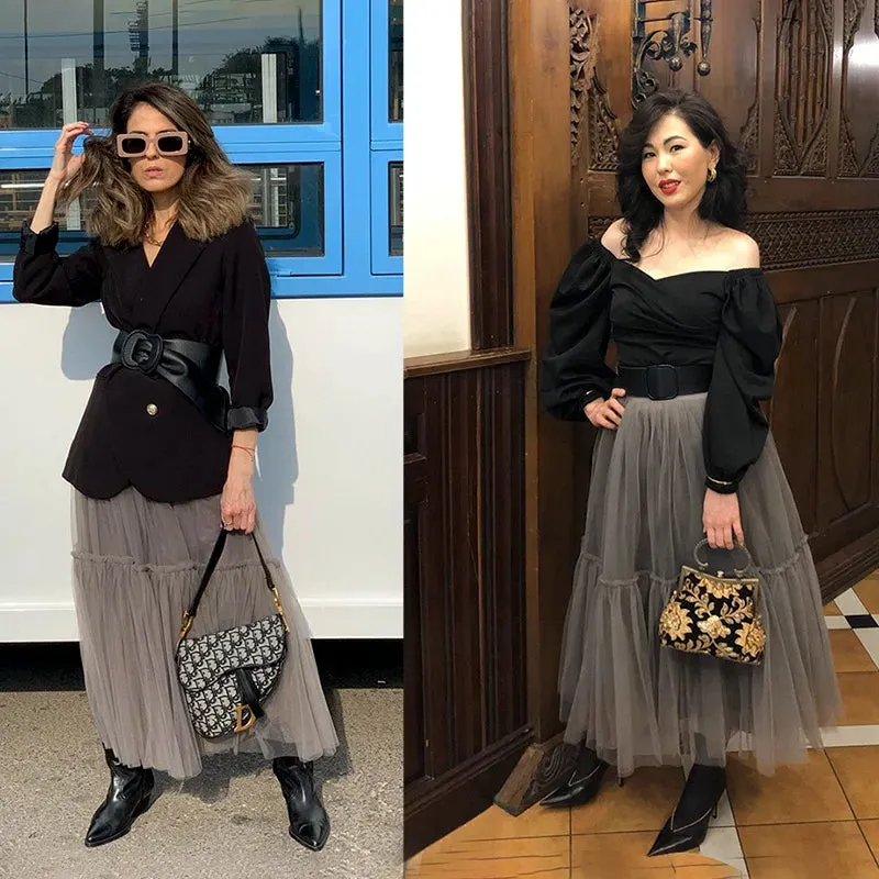 Pleated A-Line Tulle Maxi Skirt with Belt