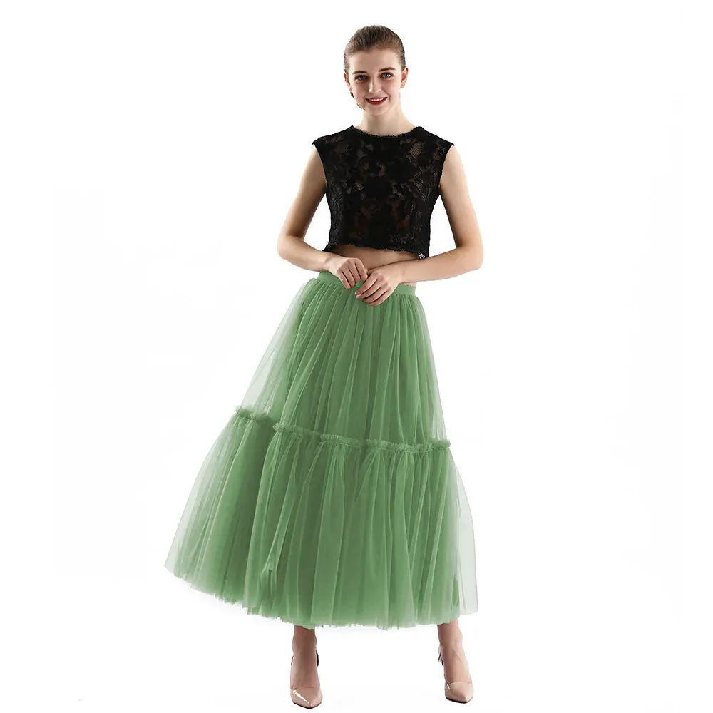 Pleated A-Line Tulle Maxi Skirt with Belt