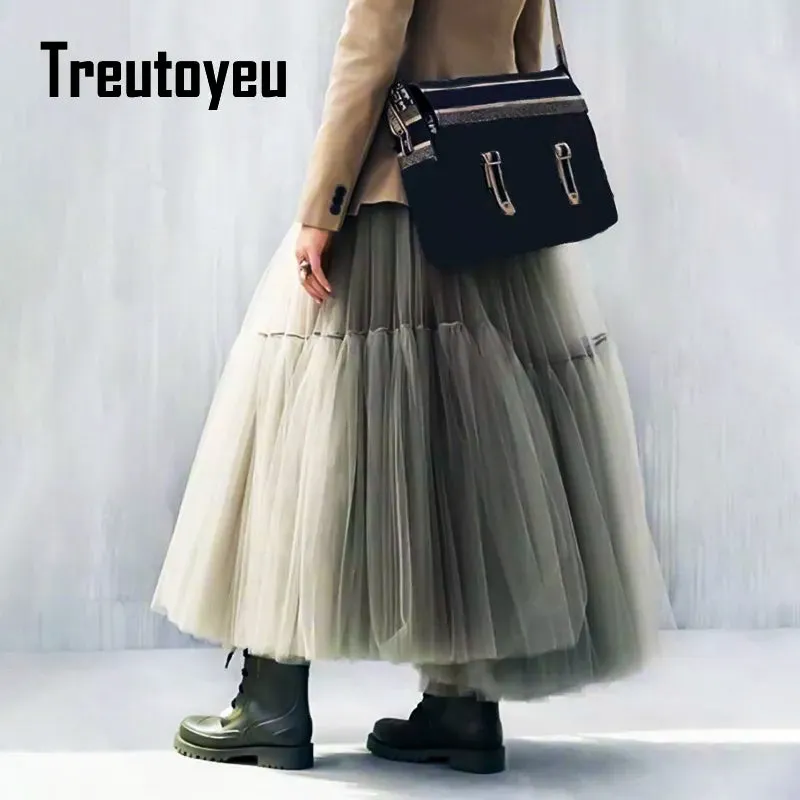 Pleated A-Line Tulle Maxi Skirt with Belt