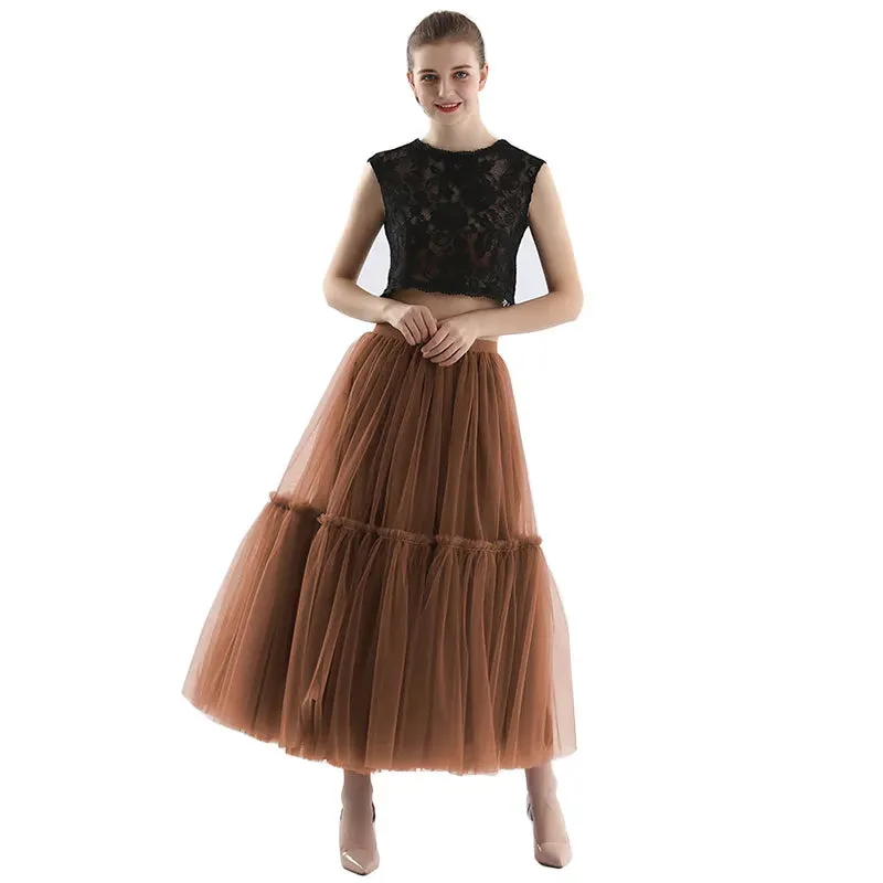 Pleated A-Line Tulle Maxi Skirt with Belt