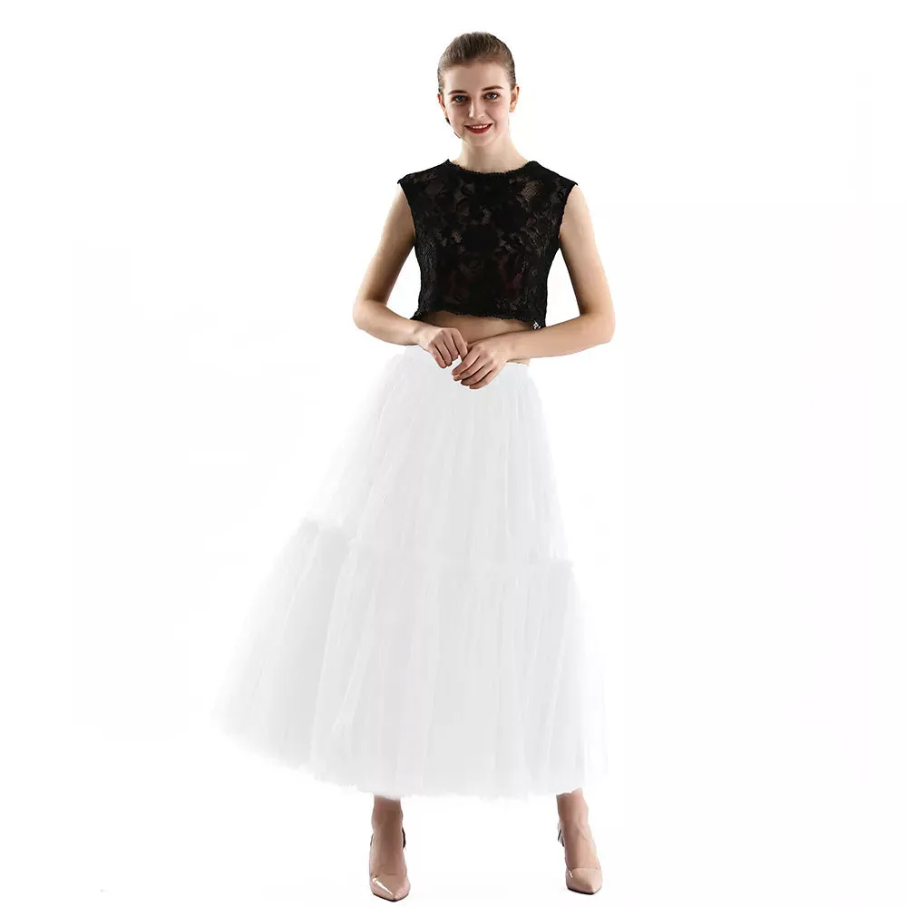 Pleated A-Line Tulle Maxi Skirt with Belt