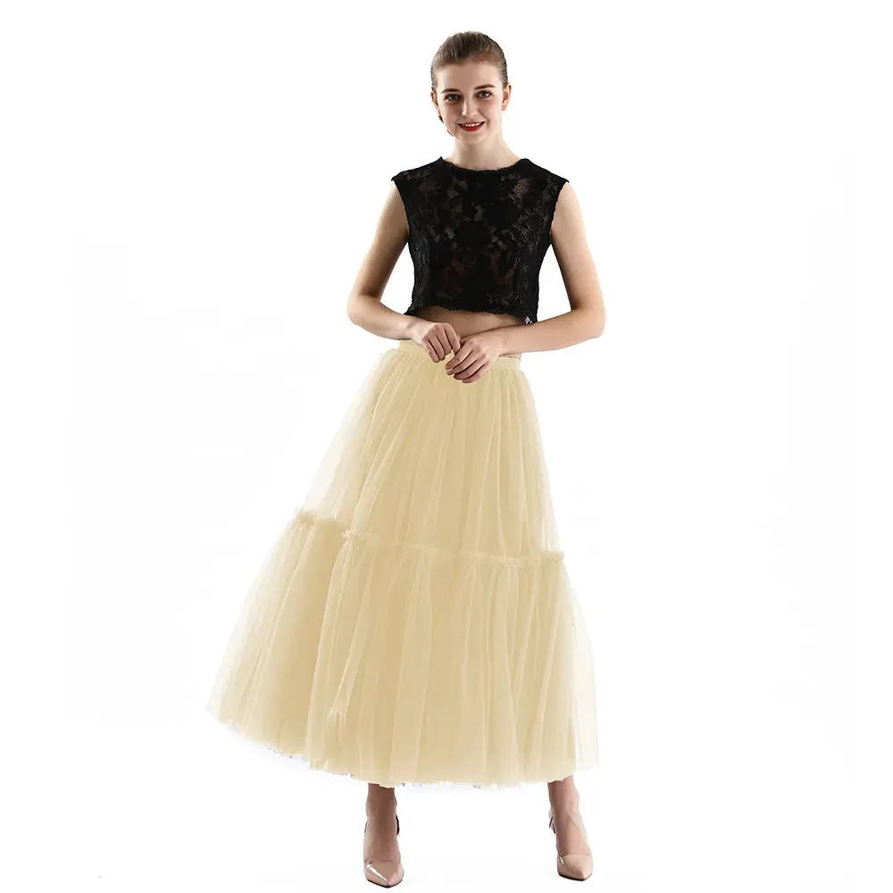 Pleated A-Line Tulle Maxi Skirt with Belt