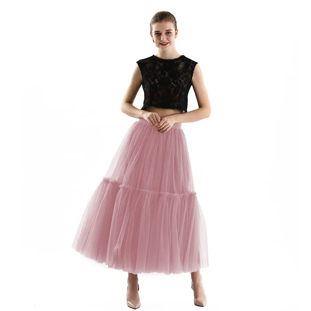 Pleated A-Line Tulle Maxi Skirt with Belt