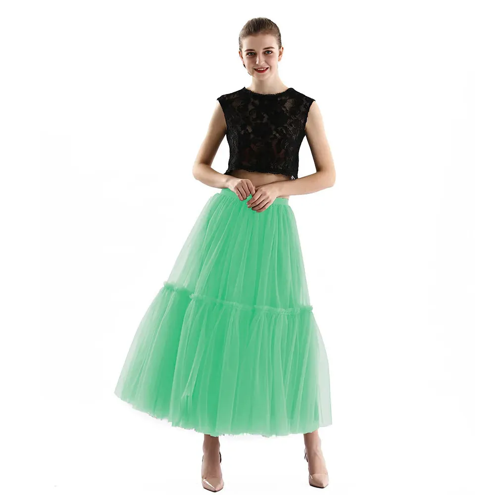 Pleated A-Line Tulle Maxi Skirt with Belt