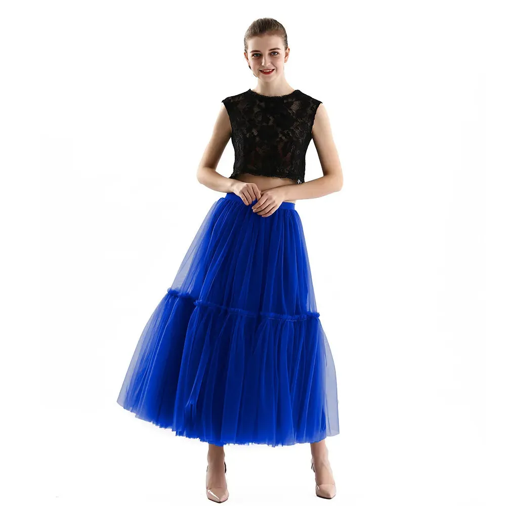 Pleated A-Line Tulle Maxi Skirt with Belt