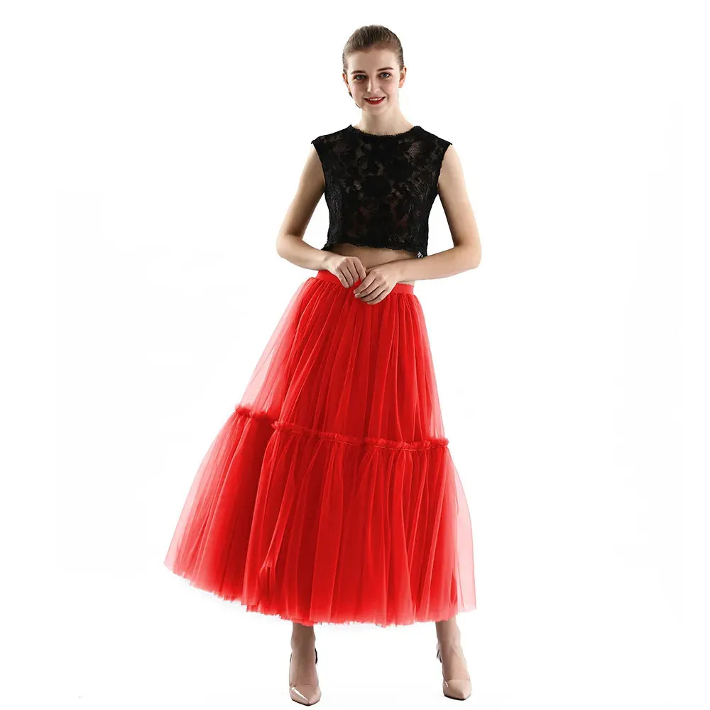 Pleated A-Line Tulle Maxi Skirt with Belt