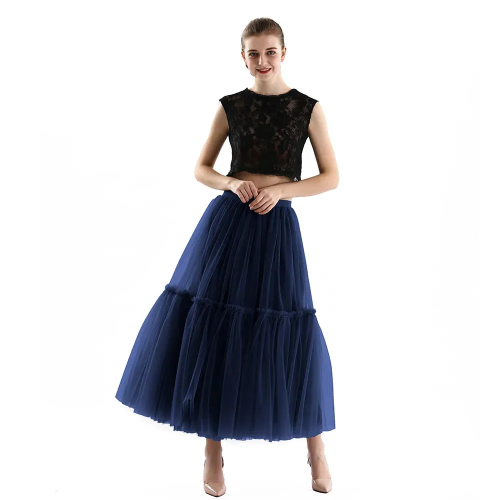 Pleated A-Line Tulle Maxi Skirt with Belt