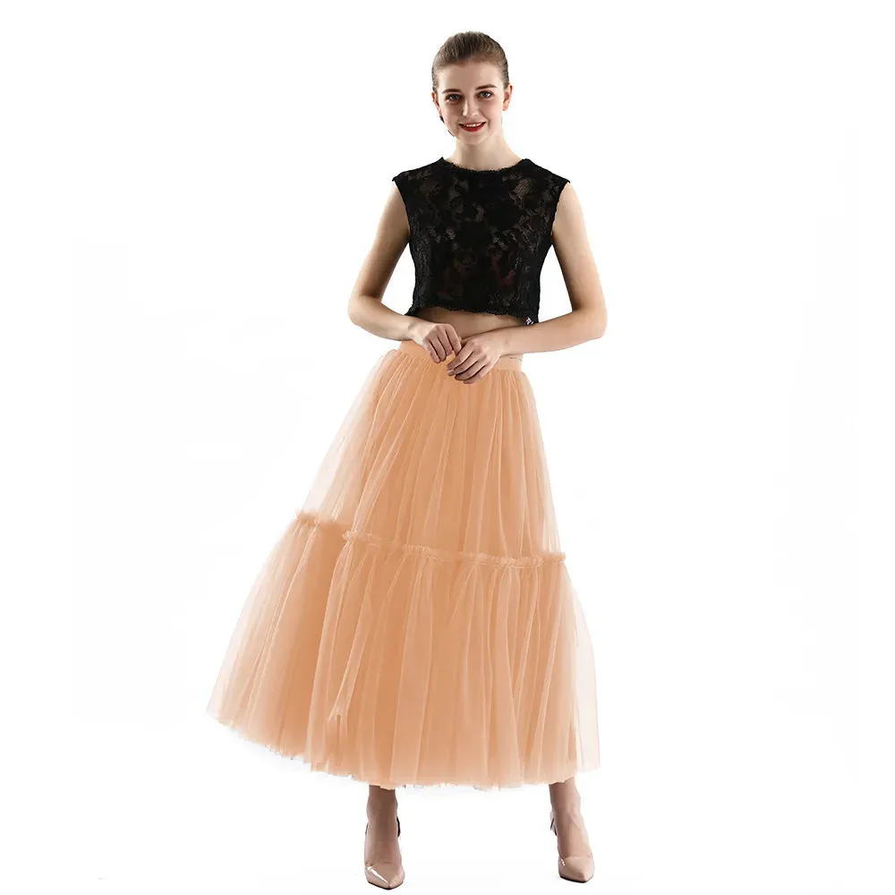 Pleated A-Line Tulle Maxi Skirt with Belt