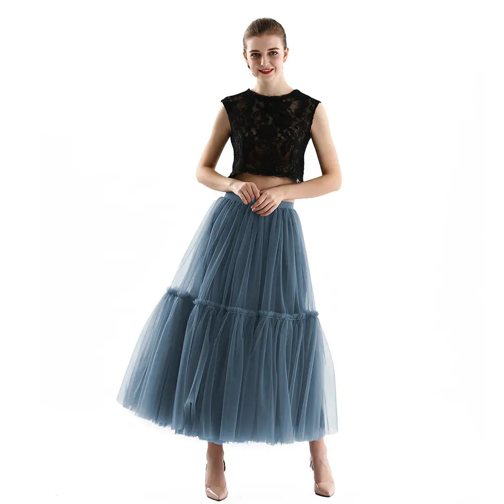 Pleated A-Line Tulle Maxi Skirt with Belt