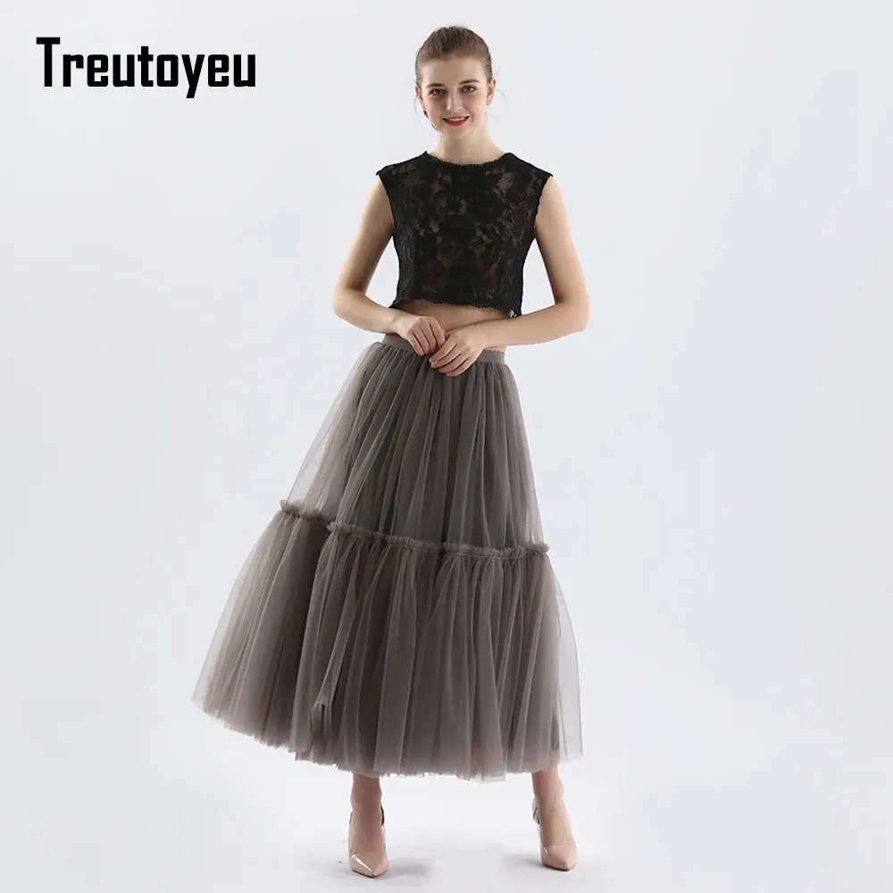 Pleated A-Line Tulle Maxi Skirt with Belt