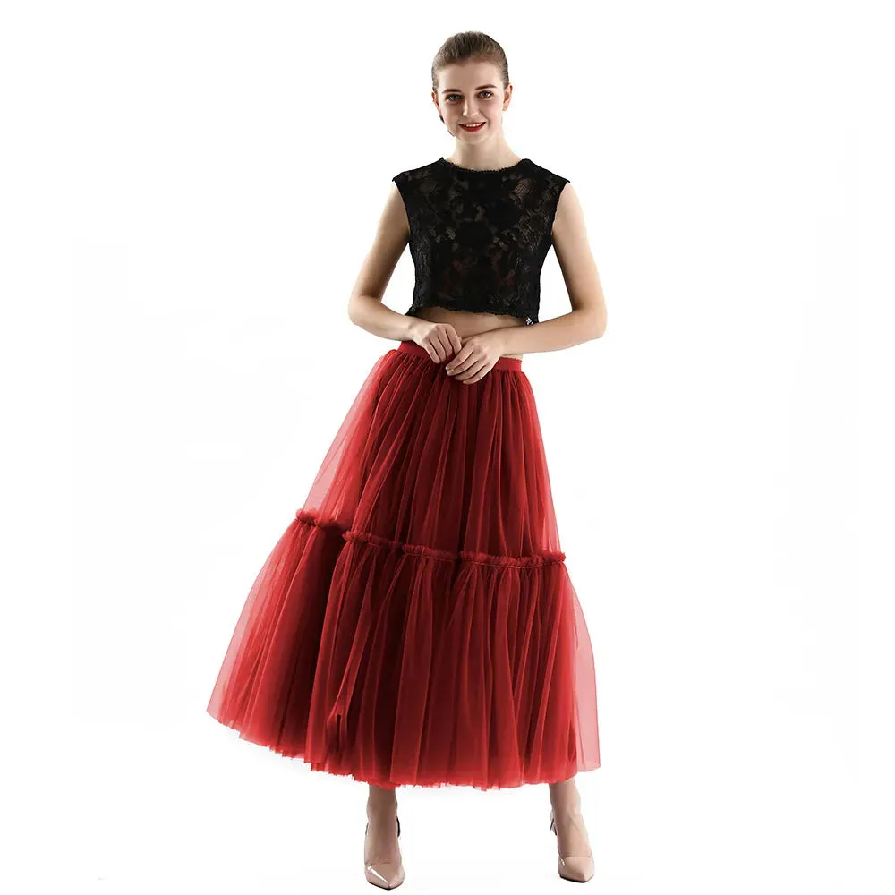 Pleated A-Line Tulle Maxi Skirt with Belt