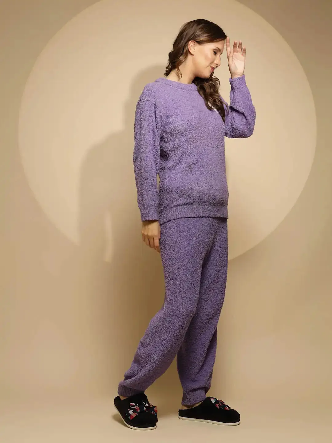 Purple Solid Full Sleeve Round Neck Night Suit