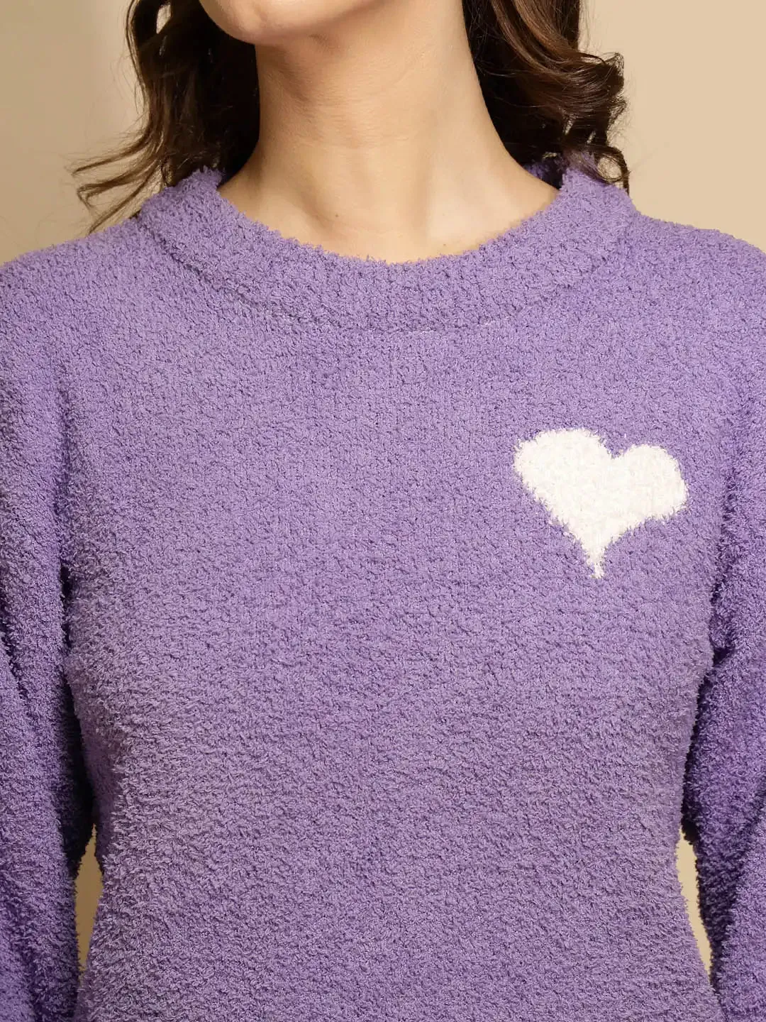 Purple Solid Full Sleeve Round Neck Night Suit