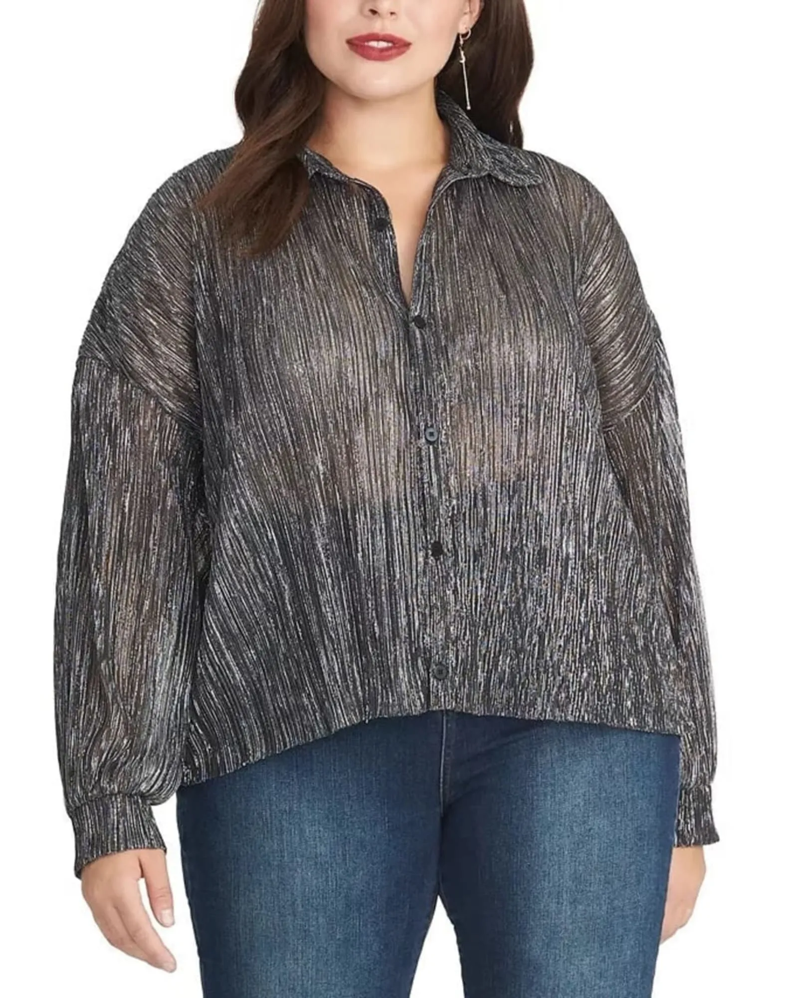 Rachel Roy Women's Trendy Plus Size Ben Metallic Crinkle Blouse silver Size 1X | Silver