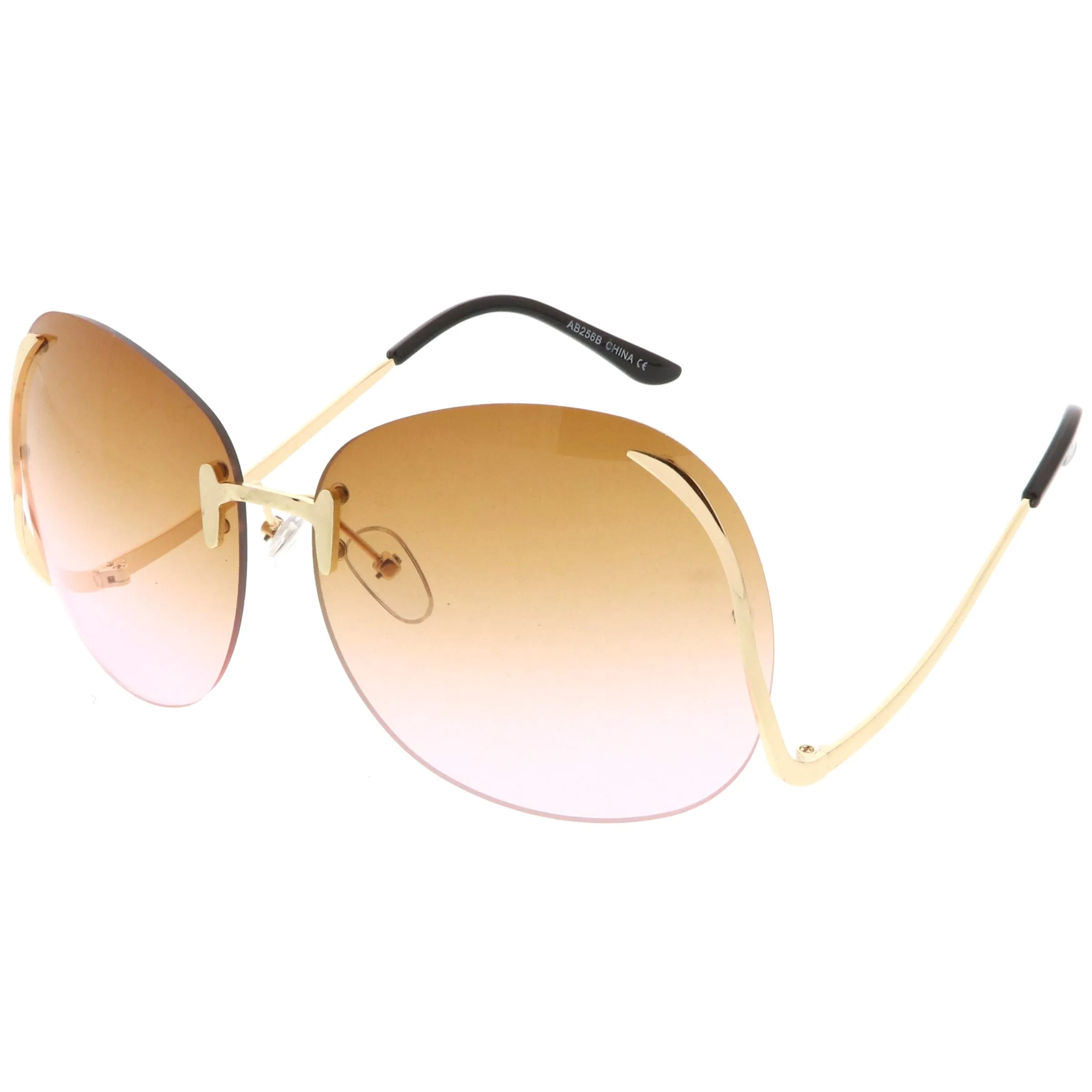 Rimless Curved Metal Arms Round Color Tinted Lens Oversize Sunglasses C428