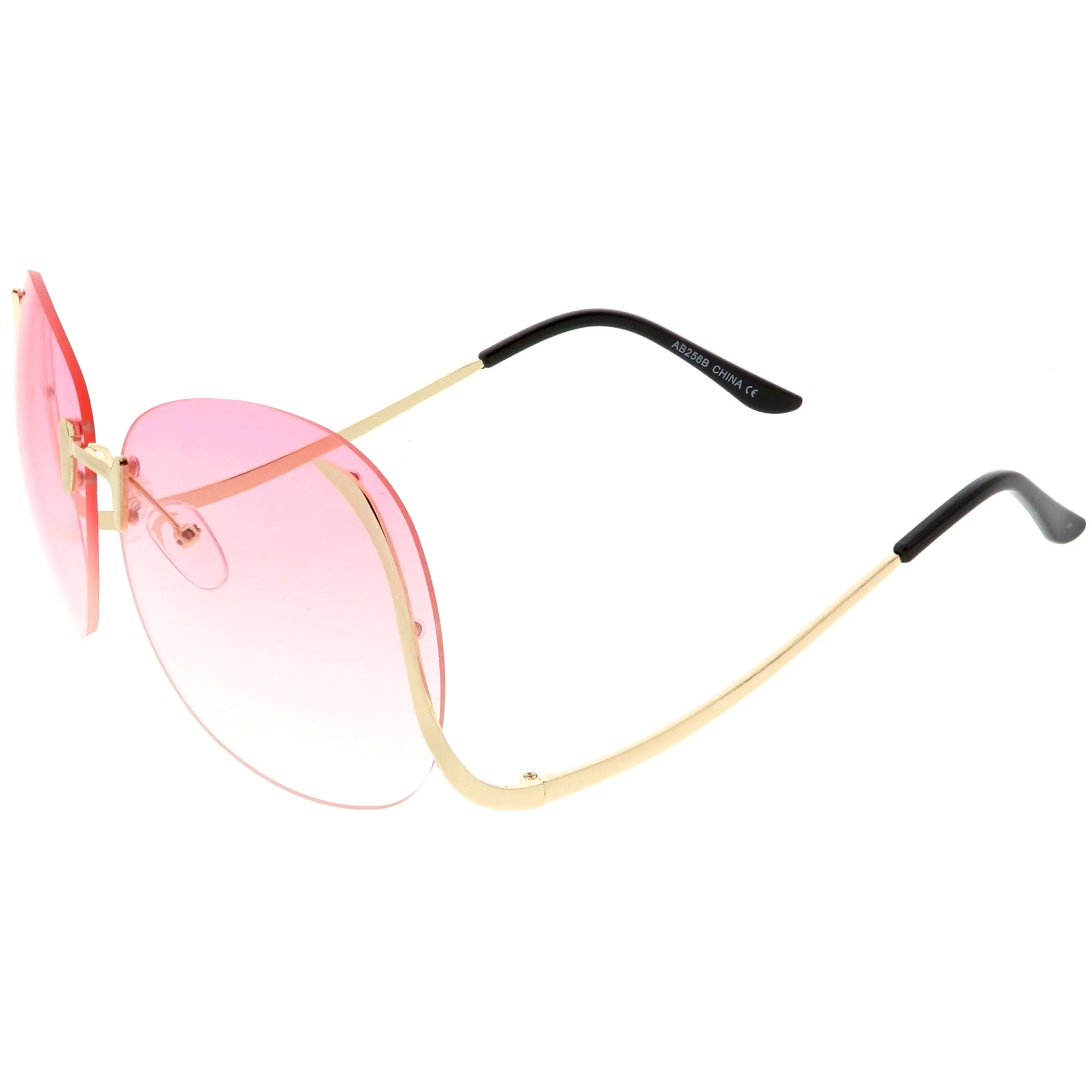 Rimless Curved Metal Arms Round Color Tinted Lens Oversize Sunglasses C428