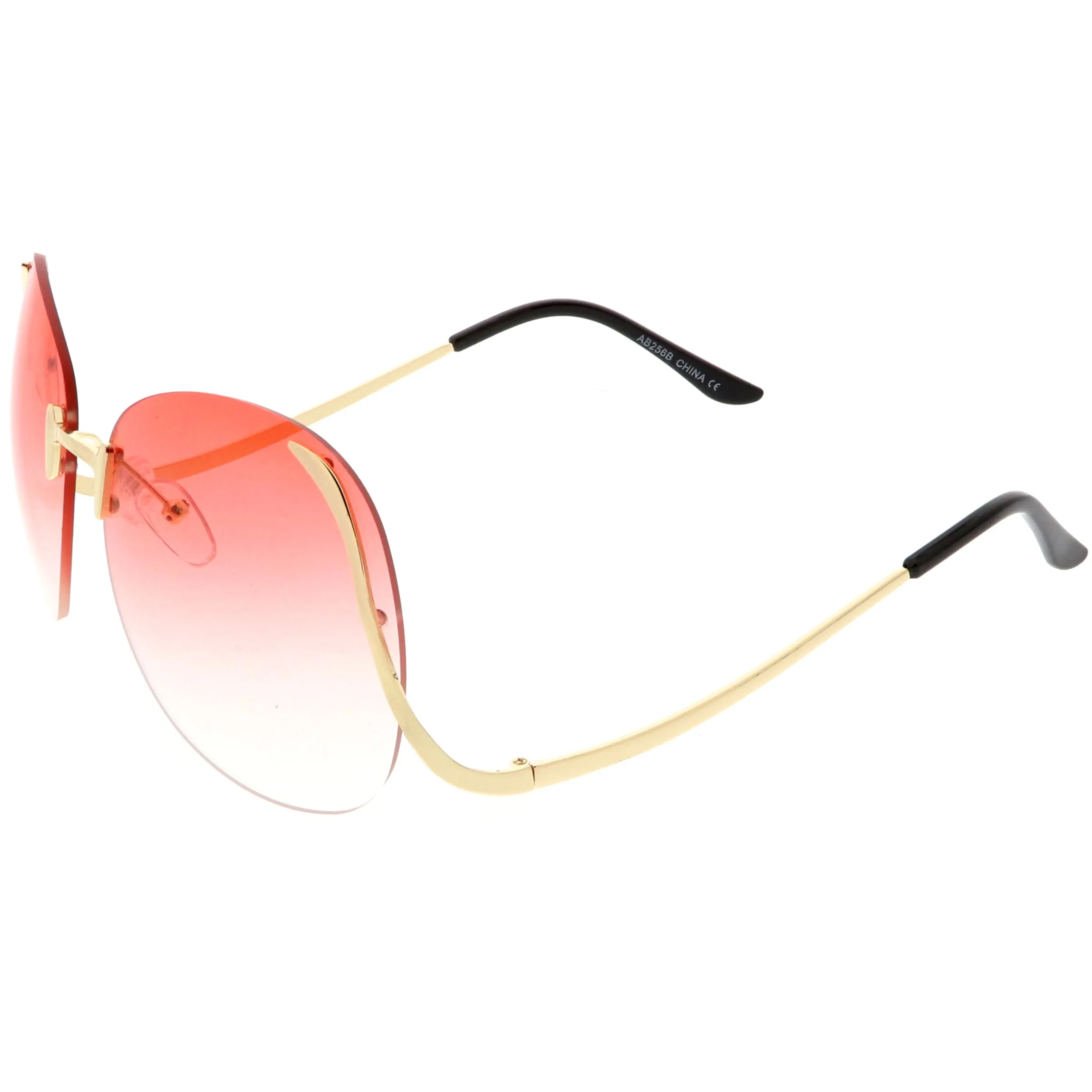 Rimless Curved Metal Arms Round Color Tinted Lens Oversize Sunglasses C428