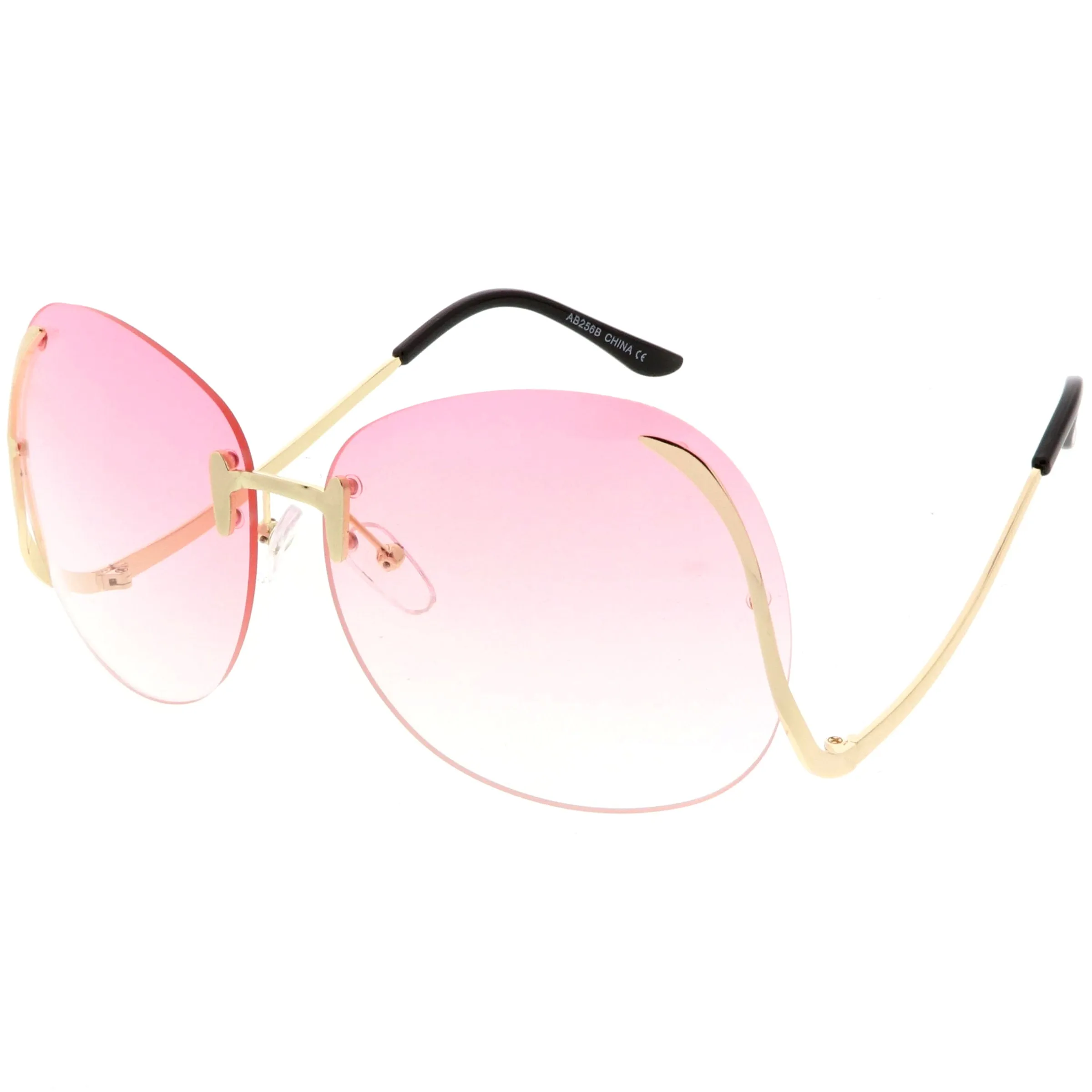 Rimless Curved Metal Arms Round Color Tinted Lens Oversize Sunglasses C428