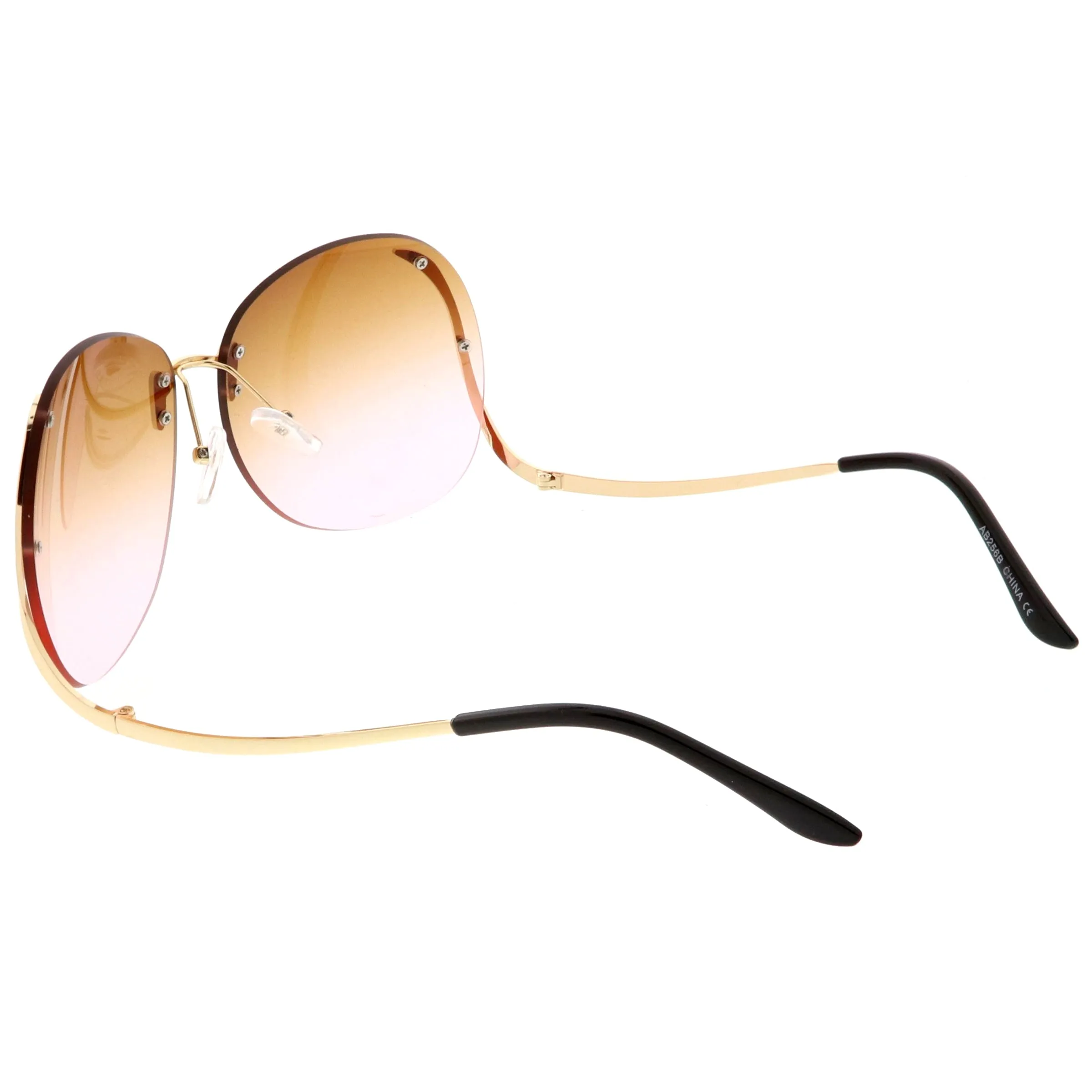 Rimless Curved Metal Arms Round Color Tinted Lens Oversize Sunglasses C428