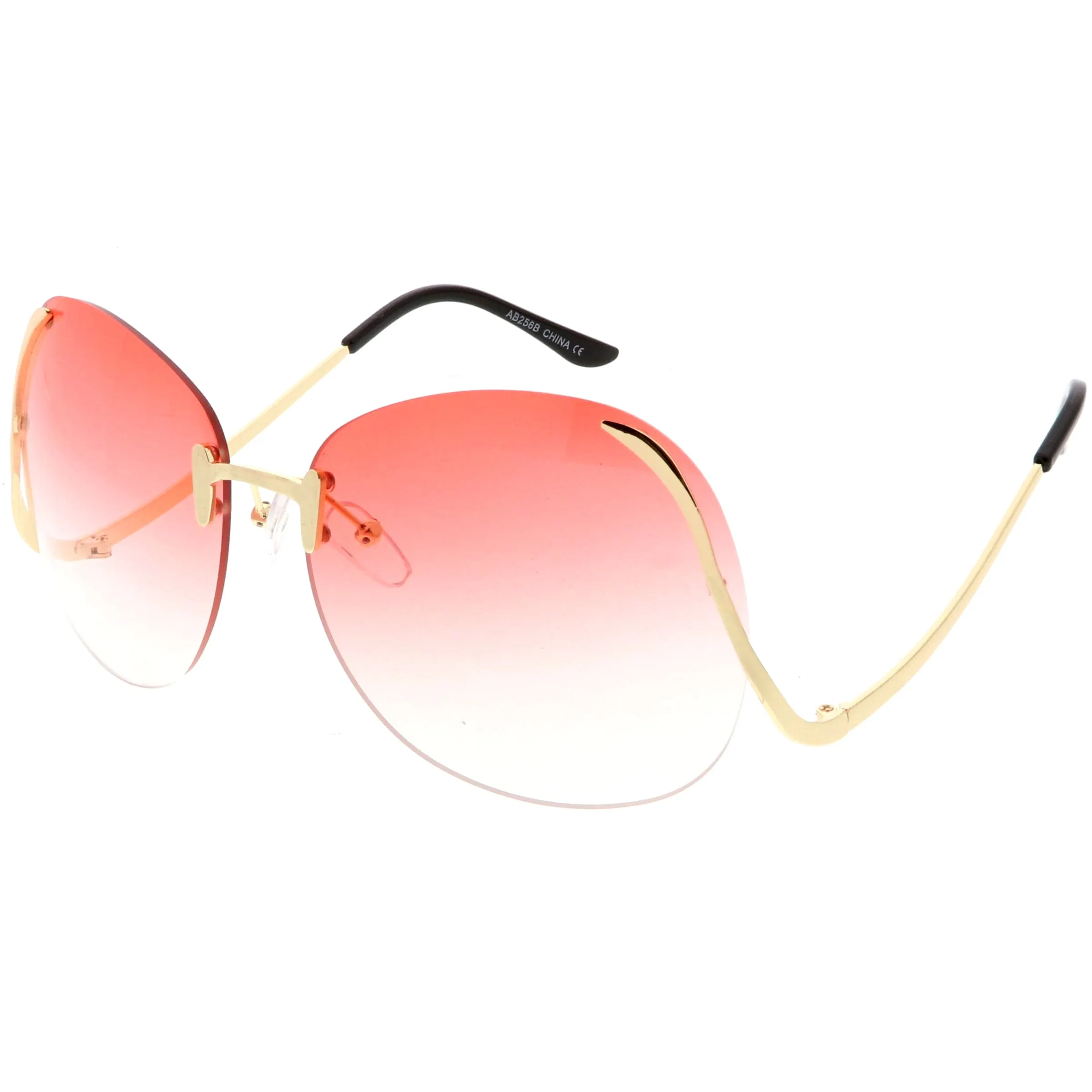 Rimless Curved Metal Arms Round Color Tinted Lens Oversize Sunglasses C428