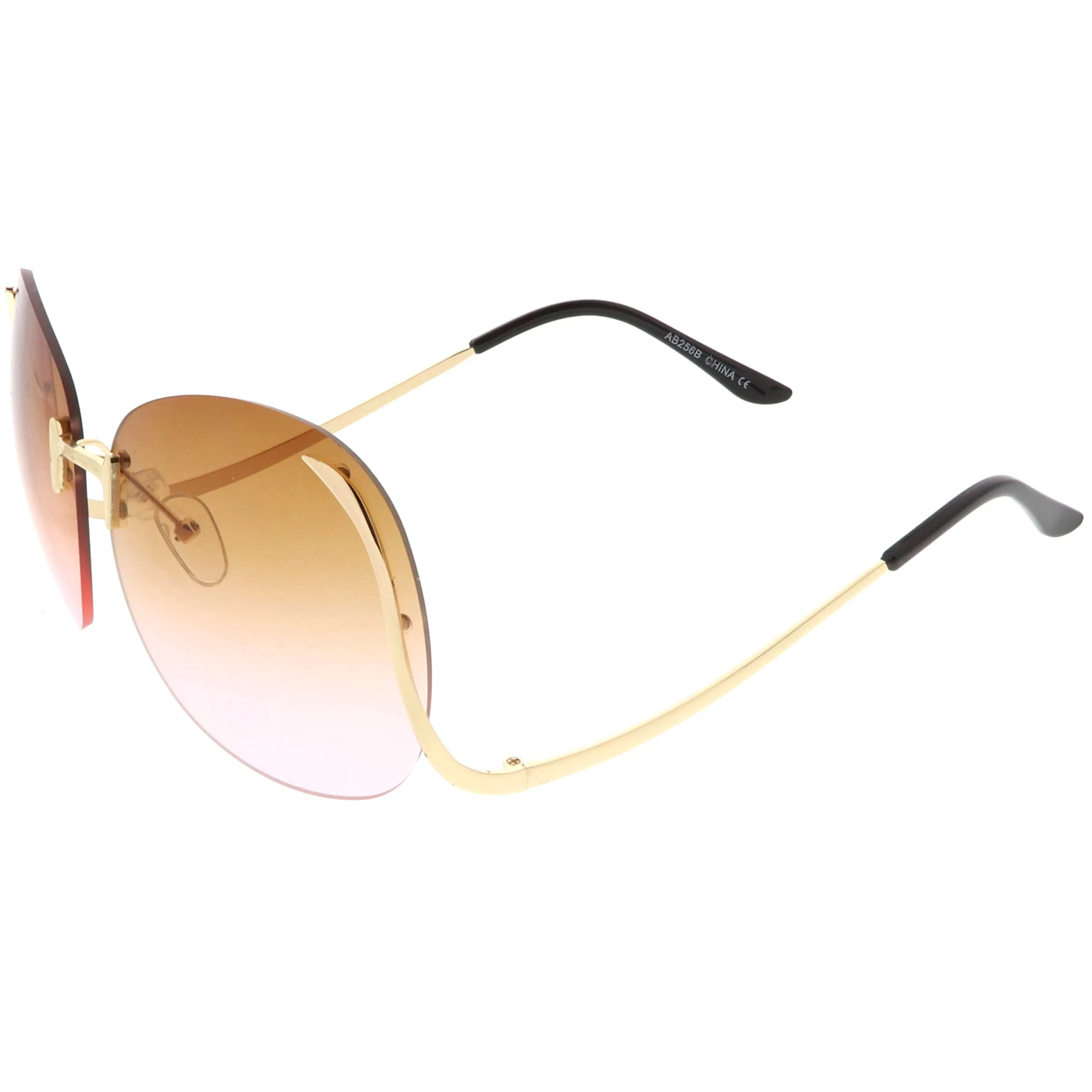 Rimless Curved Metal Arms Round Color Tinted Lens Oversize Sunglasses C428