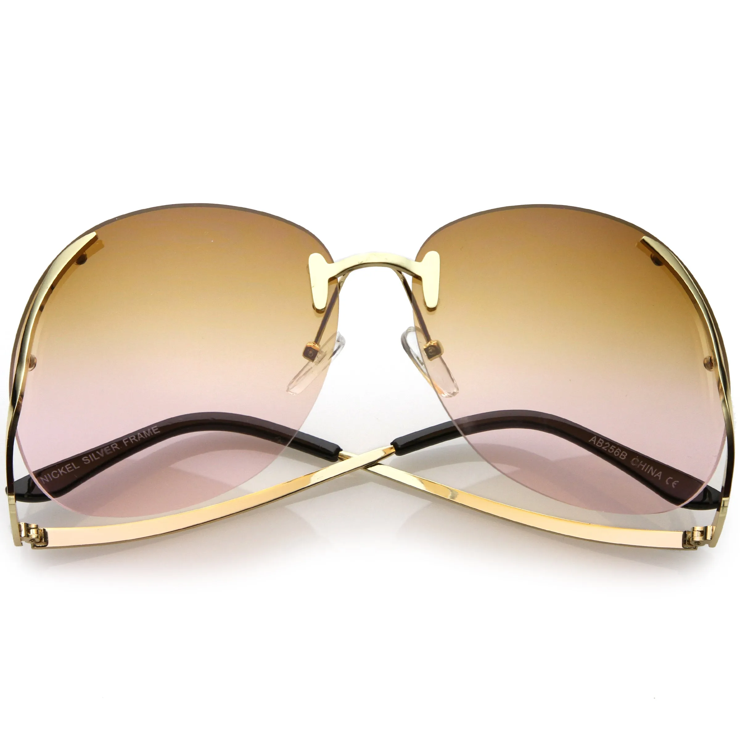 Rimless Curved Metal Arms Round Color Tinted Lens Oversize Sunglasses C428