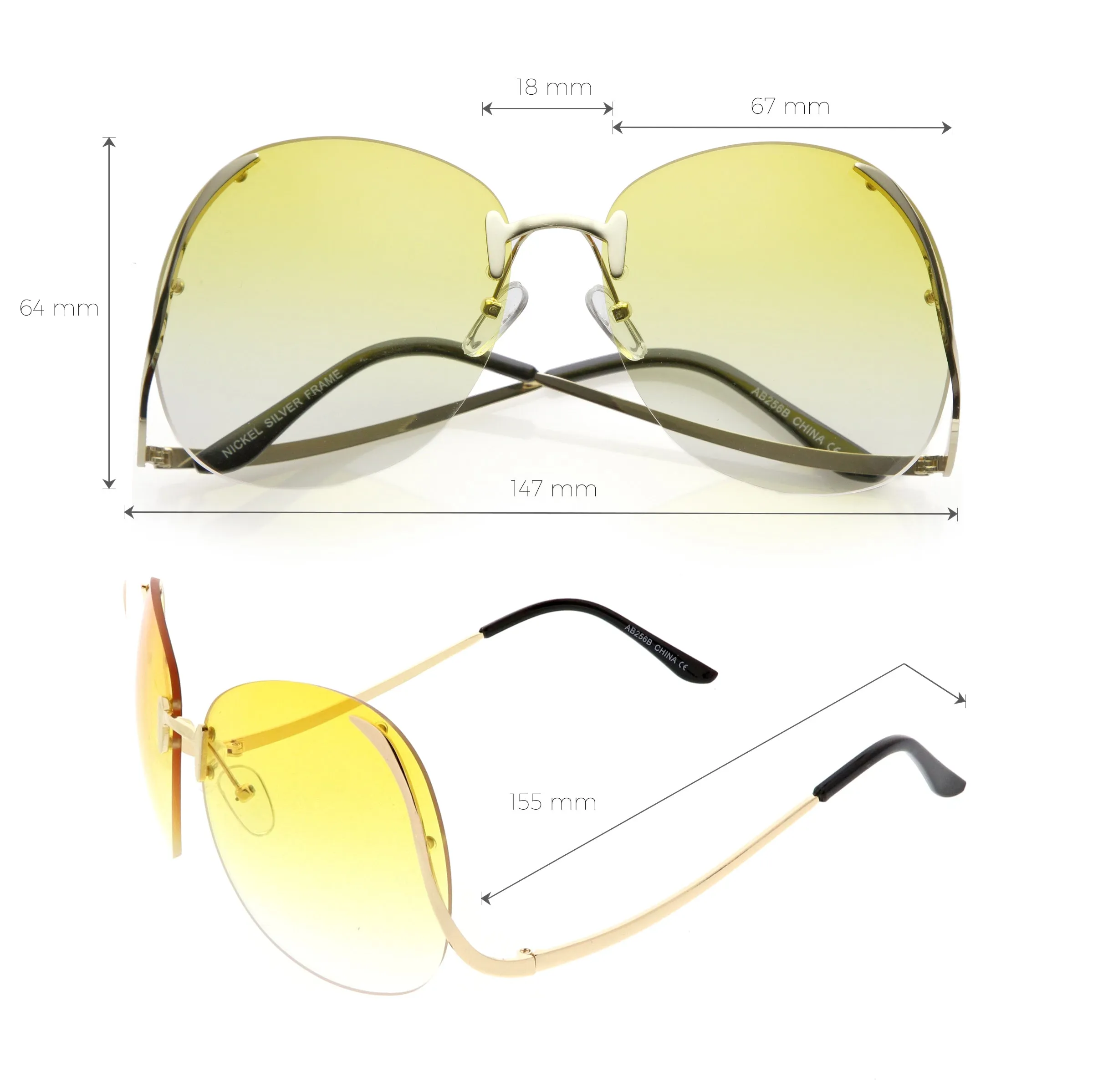 Rimless Curved Metal Arms Round Color Tinted Lens Oversize Sunglasses C428