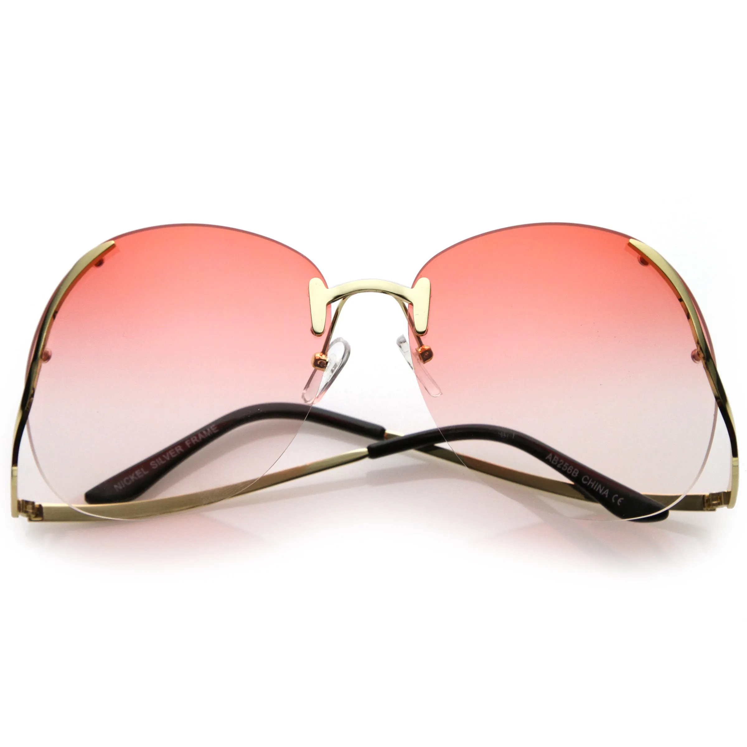 Rimless Curved Metal Arms Round Color Tinted Lens Oversize Sunglasses C428