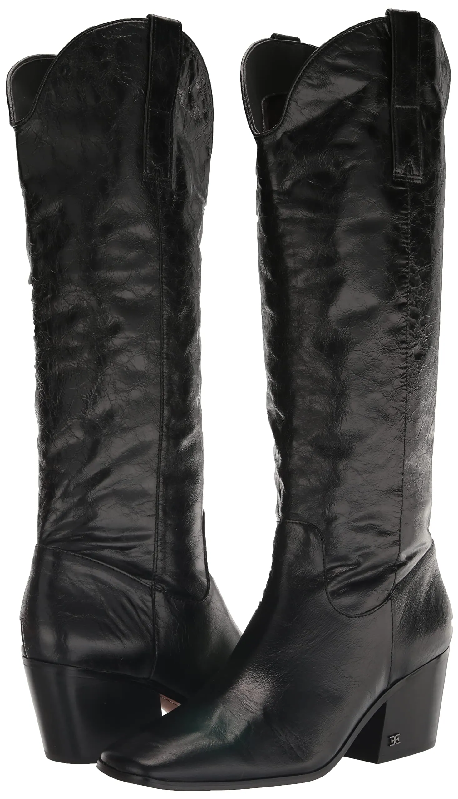 Sam Edelman Britten Black Leather Square Toe Side Zipper Block Heel Western Boot