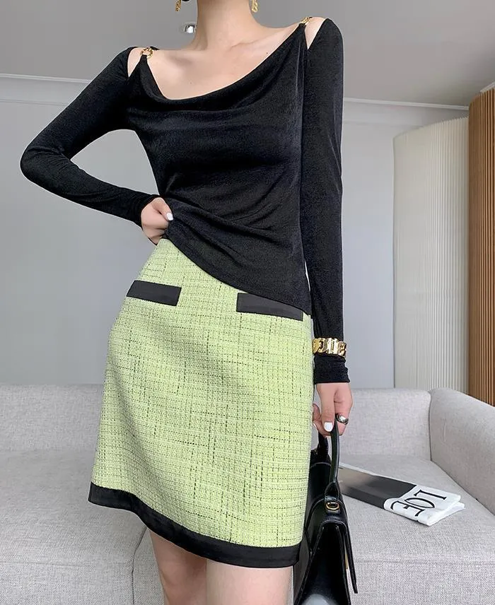 Sexy Swing Collar Cropped Tops Women Autumn  Metal Design Skinny Long Sleeve T-Shirt Outwear