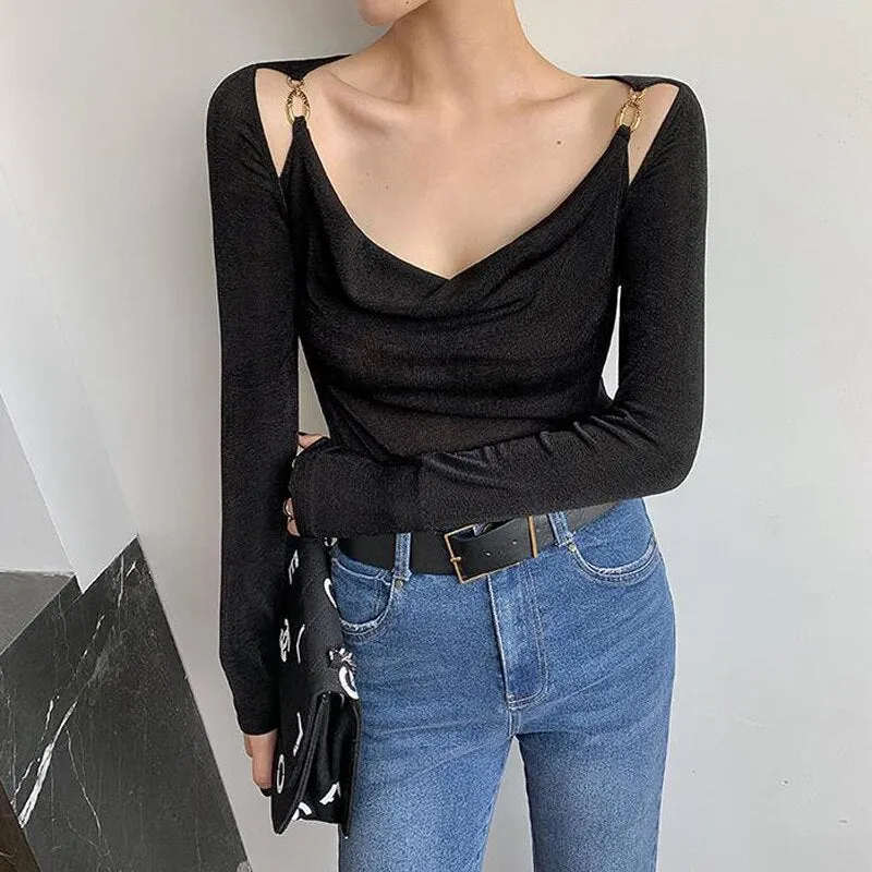Sexy Swing Collar Cropped Tops Women Autumn  Metal Design Skinny Long Sleeve T-Shirt Outwear