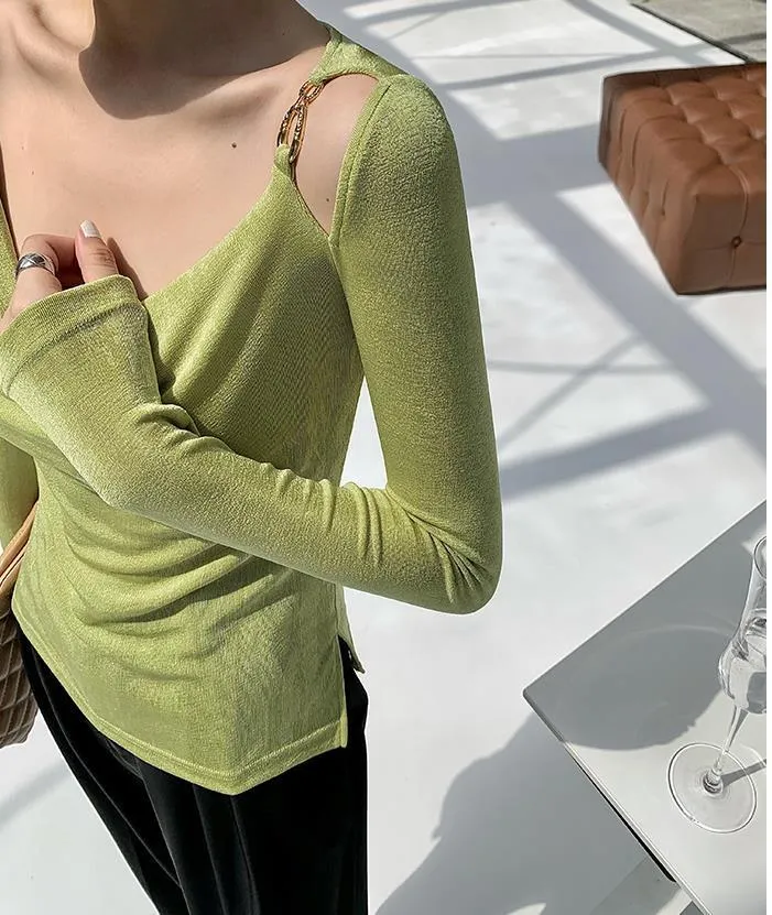 Sexy Swing Collar Cropped Tops Women Autumn  Metal Design Skinny Long Sleeve T-Shirt Outwear