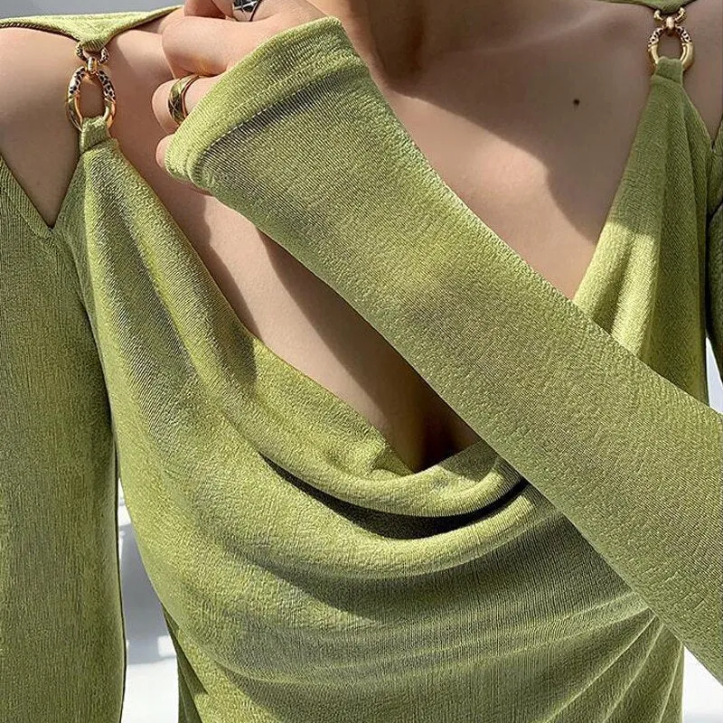 Sexy Swing Collar Cropped Tops Women Autumn  Metal Design Skinny Long Sleeve T-Shirt Outwear