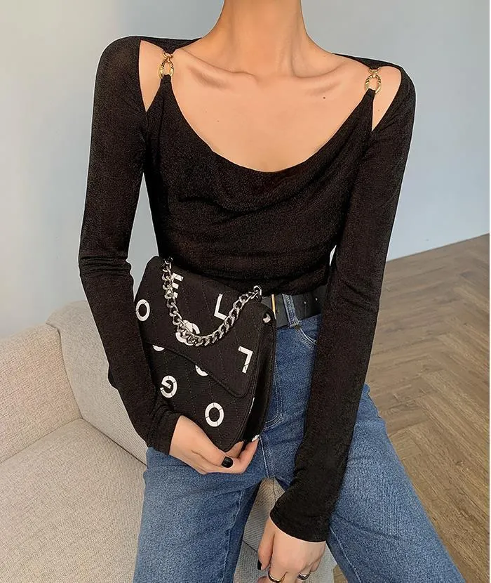 Sexy Swing Collar Cropped Tops Women Autumn  Metal Design Skinny Long Sleeve T-Shirt Outwear