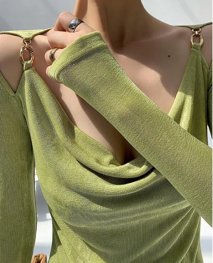 Sexy Swing Collar Cropped Tops Women Autumn  Metal Design Skinny Long Sleeve T-Shirt Outwear