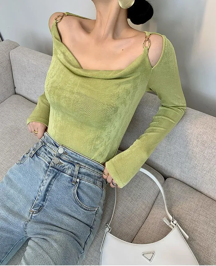 Sexy Swing Collar Cropped Tops Women Autumn  Metal Design Skinny Long Sleeve T-Shirt Outwear
