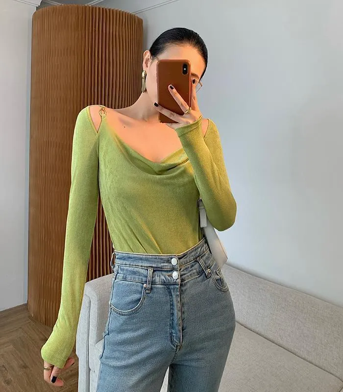 Sexy Swing Collar Cropped Tops Women Autumn  Metal Design Skinny Long Sleeve T-Shirt Outwear