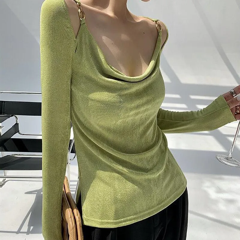 Sexy Swing Collar Cropped Tops Women Autumn  Metal Design Skinny Long Sleeve T-Shirt Outwear