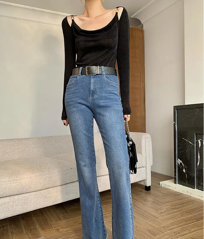 Sexy Swing Collar Cropped Tops Women Autumn  Metal Design Skinny Long Sleeve T-Shirt Outwear